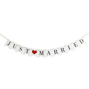 JUST MARRIED White Paper Flag with Red Hearts