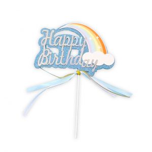 Iridescent Happy Birthday Rainbow Cake Topper - Blue Glitter