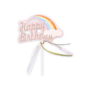 Iridescent Happy Birthday Rainbow Cake Topper - Pink Glitter