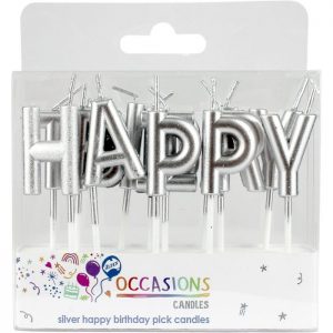 Happy Birthday Candles Cake Topper - Silver