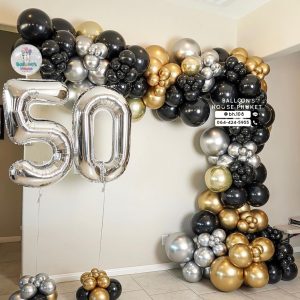 Organic Balloon Decoration – Chrome Gold & Black