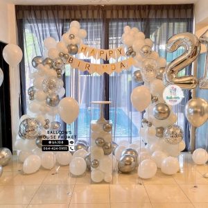 Organic Balloon Decoration – Chrome Silver & White